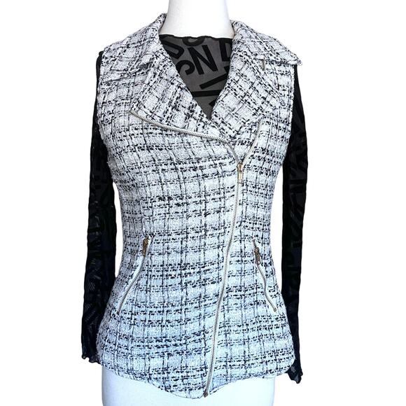 Tinley Road Retro Glam Business Professional Zip Black White Plaid Tweed Vest - Picture 2 of 5